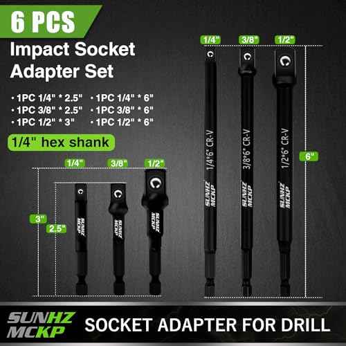 SUNHZMCKP 6-Piece Impact Socket Adapter Set for Drill, 3-Inch & 6-Inch Hex Shank Extension Bit, 1/4" 3/8" 1/2" Drive Socket Adapters with Holder, For Power Drill & Impact Wrench