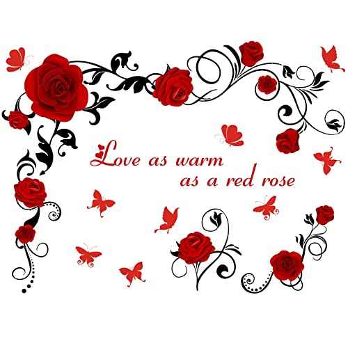 PLIGREAT Rose Flower Vine Butterfly Love Quotes Wall Stickers, Valentine Wall Decal Removable Vinyl Peel and Stick Walls Decals for Bedroom Dining Living Room Home Decorations DIY Walls Art Decor