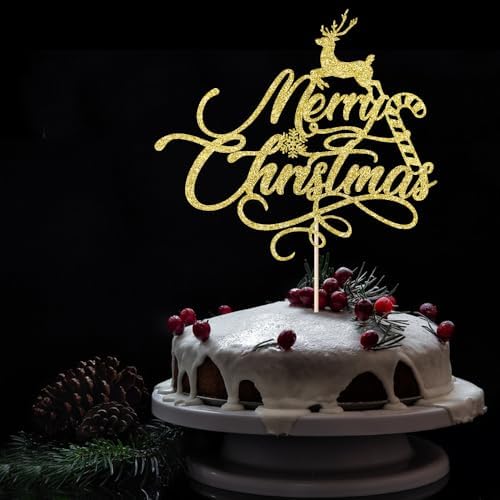 Merry Christmas Cake Topper，With Cute Reindeer Design Gold Glitter Cake Picks,Xmas New Year Holiday Christmas Party Supplies