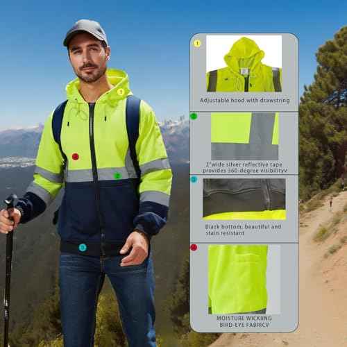 High Visibility Safety Hoodie, Reflective Workwear Sweatshirt, Neon Yellow and Black, Zip-Up