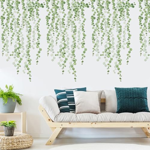 Hanging Vine Wall Decals, Green Leaves Design, 39.2x22 Inch, 2-Piece Set for Living Room and Bedroom