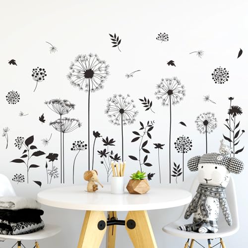 Black Flower Wall Decals Peel and Stick Simple Boho Flower Wall Sticker Wildflower Plants Dandelion Wall Decor Removable Vinyl Wall Mural for Girl Room Bedroom Living Room Home FX-C413