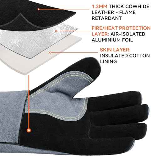 OZERO 932¡ÆF Heat Resistant Welding Gloves 16 inches Cowhide Leather - Long Sleeve and Insulated Lining BBQ Glove for Tig Welder/Mig/Grill/Barbecue/Stove Black-gray