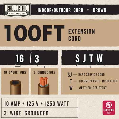 Brown 100' Extension Cord, 16/3 Heavy Duty Cable with 3 Prong Grounded Plug for Safety, 15 AMP for Garden, Lawn, Tools & Major Appliances, 100' Outdoor Extension Cord 3 Prong