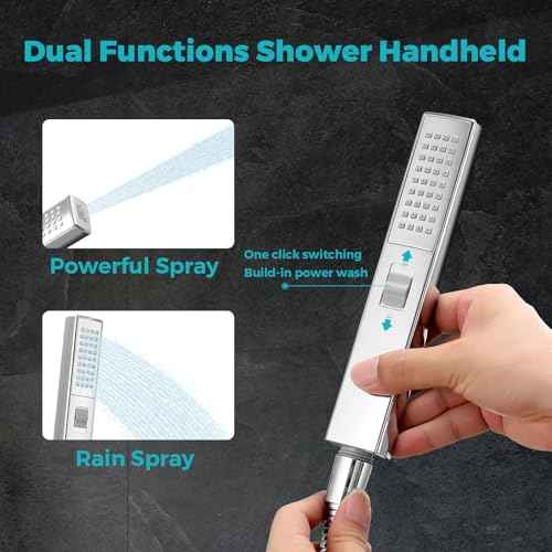 Shower Head, 12" Luxurious All Metal Rectangular Rain Shower Head with Handheld, High Pressure Rainfall Shower Heads wih Extension Arm Wide Dual Showerhead with Spray Combo Bathroom Accessories Chrome