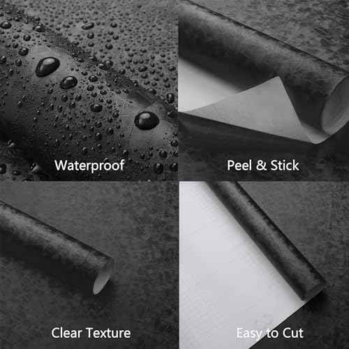 Yasinet Peel and Stick Wallpaper Black Removable Wallpaper Modern Black Contact Paper Dark Thicken Self Adhesive Textured Wall Paper for Cabinets Badroom Waterproof Vinyl 78.7"x 15.7"