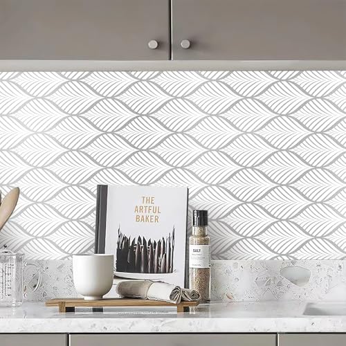 Amiya Silver Gray Peel and Stick Wallpaper Modern Boho Removable Vinyl Contact Paper Leaf Self Adhesive Bathroom Wallpaper for Cabinets 17.5" x 120" Renter Friendly