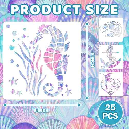 25 PCS Sea Ocean Creatures Stencils Reusable Sea Animal Templates for Painting, Mermaid Stencils for Scrapbooking Drawing Wood Wall Floor Furniture Rock Decor DIY Crafts Projects 5 x 5 Inch