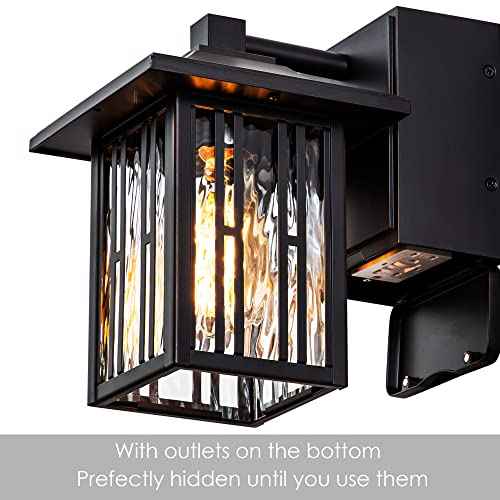 Outdoor Porch Lights with GFCI Outlet, Bronze Exterior Lights Fixture for House, Outside Wall Lights Wall Mount with Water Ripple Glass, Waterproof Patio Wall Sconce for Garage, Front Door