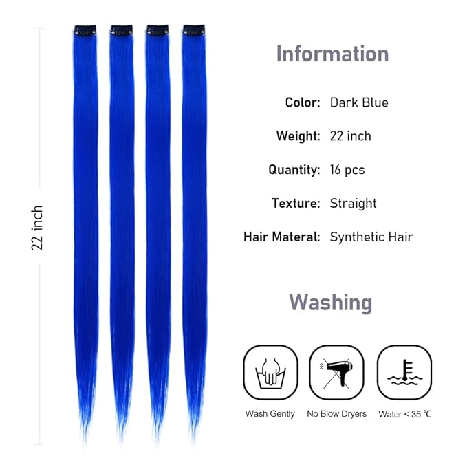 16Pcs Blue Clip in Colored Hair Extensions 22inch Long Straight Party Highlights Colorful Hair Extension One Color Clip on Hairpieces for Women Girls