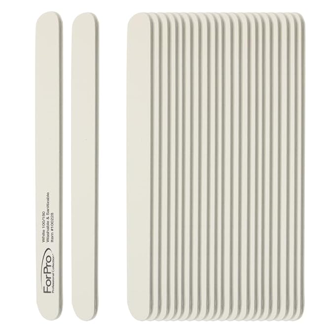 ForPro Professional Collection Nail Foam Boards, White, 100/180 Grit, Double-Sided Manicure and Pedicure Nail Files, 7” L x .75” W, 50-Count