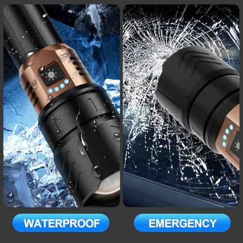Rechargeable Flashlight High Lumens - 10000LM Powerful Tactical Flashlights with 4 Modes Zoomable LED Flashlight Waterproof Brightest Flash Light for Emergencies Camping Hiking Outdoor C2