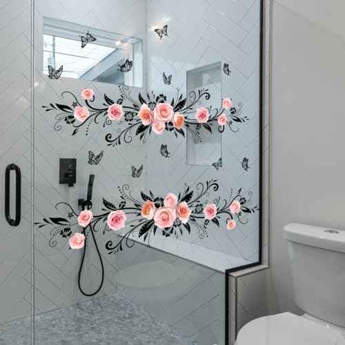 Runtoo Flower Vine Window Cling Decals Rose Floral Anti-Collision Window Stickers Butterfly Glass Door Wall Decor for Bathroom Living Room Bedroom Nursery Office