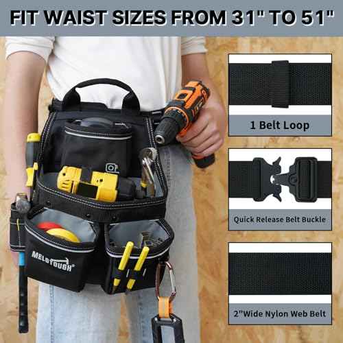 MELOTOUGH Electrician Tool Pouch with Belt,13 Pocket-Tool Bag,Carpenter Tool Pouch,Small Tool Belt Pouch Designed for Electrician,Carpenter,Construction,Black