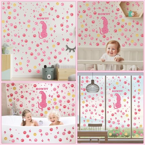 Kisston 9 Sheets Preppy Pink Wall Decal Hot Aesthetic Howdy Smile Face Lightning Vinyl Wall Decals Pink Cheetah Murals Decal for College Students Girls Dorm Bedroom Living Room Nursery Decoration