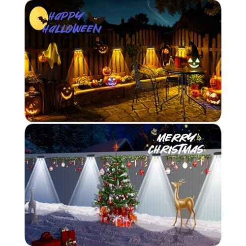 Solar Fence Lights Outdoor 12 Pack Upgraded High Brightness 3 LED Spot Lens Waterproof Deck Lights 7 Mode Warm&Cool White RGB Solar Powered Wall Lighting Decor for Outside Patio Step Backyard Railing