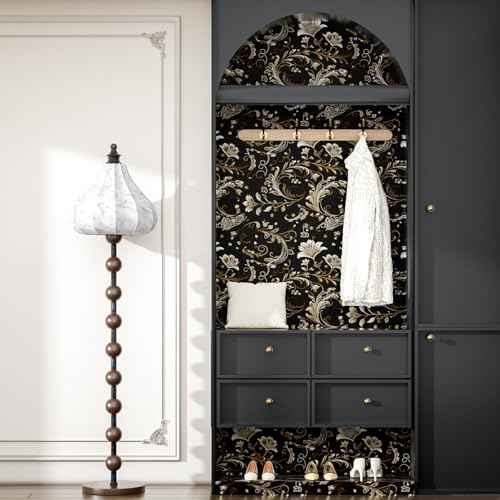 Gold Leaf Wallpaper Peel and Stick Vintage Dark Floral Contact Paper Retro Flower Wall Wallpaper Waterproof Self-Adhesive Wall Covering for Bedroom Countertop Desk Cabinet 17.4" x 118"