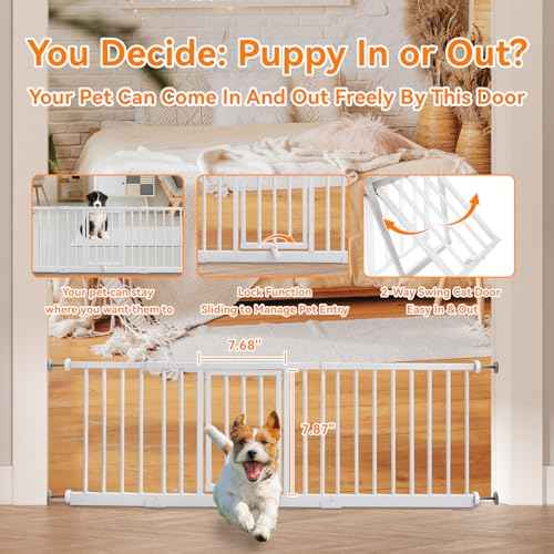 10" Height Short Dog Gate Adjustable18-48" Extra Wide Dog Gate with Small Cat Door,Pet Gate with 4 Extension Kits Pressure Mounted for Doorways & Stairs (White, 10" Height)