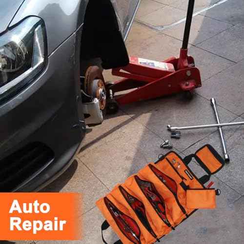 Tool Bag Roll Up 4 Large Zipper pockets 2 detachable pockets for Hand Tools and Small Hardware Organizer Orange Roll Up Tool Bag for Car 13 in