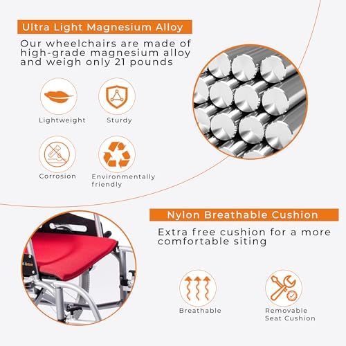SUMELL Magnesium Lightweight Wheelchair - FSA HSA Eligible 21lbs Self propelled Chair with Travel Bag and Cushion, Portable and Folding 17.5” W Seat, Park & Brake Anti Tipper, Ultra Light, Red