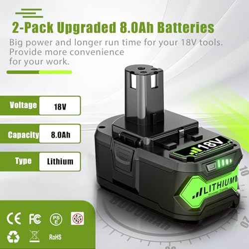 Upgraded 8.0Ah 2Packs P108 18V Battery Compatible with Ryobi 18V ONE+ Battery P102 P103 P104 P105 P107 P109 P122 PBP005 PBP004 PBP003 PBP002 RB18L50 BPL1820 Cordless Power Tools with LED Indicator