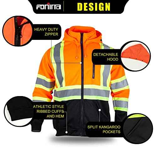 FONIRRA Hi Vis Safety Fleece Zip Hoodie for Men Reflective Sweatshirts ANSI Class 3 Jackets Detachable Hood (Orange,3XL)