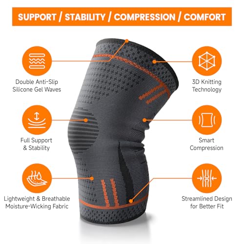 Compression Knee Brace for Women Men 2 Pack Compression Knee Sleeve Knee Brace for Knee Pain Arthritis Meniscus Tear Knee Support for Running Workout Wrestling Weightlifting Sport Athletics Orange M
