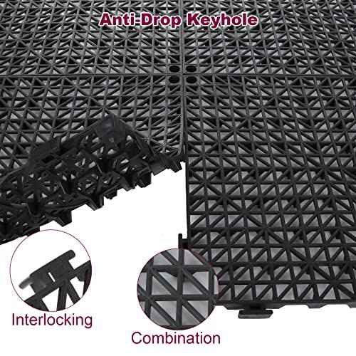 12 Pack 12" Interlocking Rubber Bathroom Flooring Tiles Non-Slip Pool Mat Splicing Shower Mat Outdoor Cushion Mat for Drain, Deck, Pool, Patio, Balcony, Shower, Kitchen, Yard (Black)