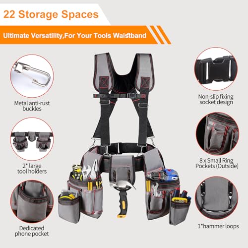 Tool Belt with Suspenders, Professional Tool Belt for Men, 18-Pocket Adjustable Heavy Duty Tool Organizer for Electrician, Carpenter, Framer, Construction Worker, Gray & Orange (32''?66'')