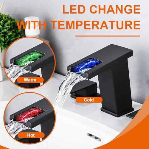 LED Bathroom Faucet 3 Hole, Matte Black Waterfall Bathroom Faucets, 8 Inch Widespread Modern Bathroom Sink Faucet & Parts, Wide Spread Touch On Three Hole 2 Handle Bath Vanity Faucet Mixer