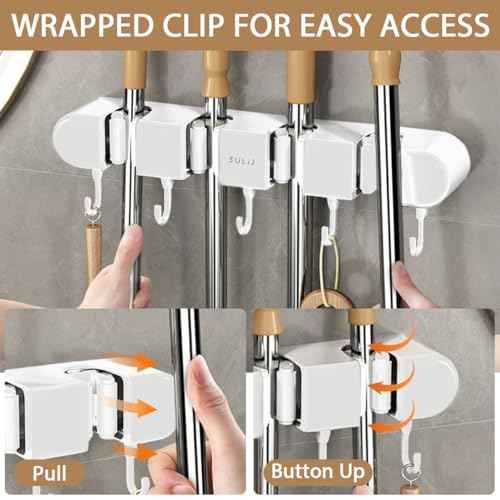 6PCS 4 Racks and 5 Hook Broom Mop Holder with Hooks Wall Mounted Broom Storage Rack No Drilling Self-Adhesive Mop Broom Organizer Mop Holder Hanger for Bathroom Office Kitchen Closet Garage,White