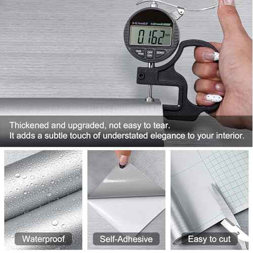 Silver Metallic Peel and Stick Wallpaper for Kitchen Countertop Backsplash 15.7"x118" Modern Waterproof Self Adhesive Wall Paper Stainless Steel Contact Paper for Appliances Dishwasher Fridge