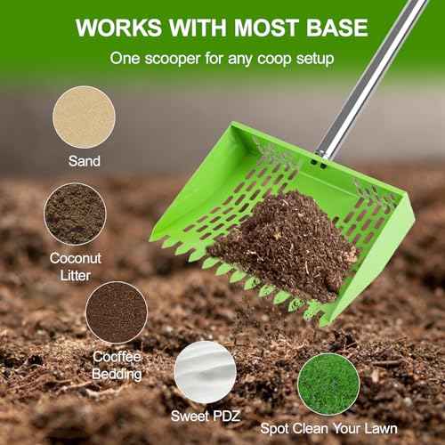 Chicken Poop Scooper & Rake 2-in-1,10" Wide Metal Sand Sifting Shovel with Grip,Adjustable Stainless Steel Handle,Cleaning Tools for Chicken Coops & Farm Animals Scoop (Green)