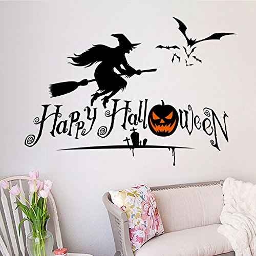 BooDecal Happy Halloween Wall Decals Stickers with Flying Witch and Bats Art Design for House Decorations Removable Halloween Series Wall Decals Stickers