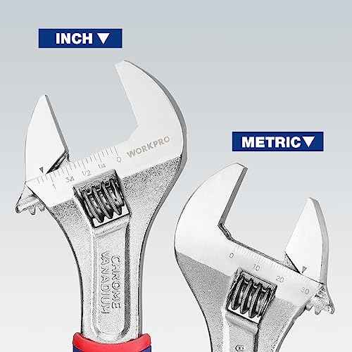 WORKPRO 8-inch Adjustable Wrench, Wide Jaw Opening Wrench with Rubber Anti-slip grip, Metric/SAE Scales, Premium Cr-V Steel, Chrome Plated