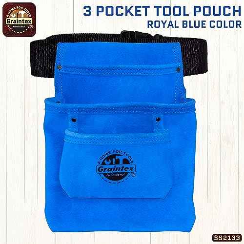 GRAINTEX SS2133 3 Pocket Nail & Tool Pouch Blue Color Suede Leather with 2¡± Webbing Belt for Constructors, Electricians, Plumbers, Handymen