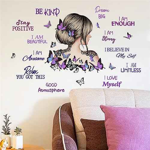 Purple Butterfly Girl and Inspirational Slogans Wall Stickers, sacinora Motivational Wall Decals Removable Vinyl for Living Room Children's Room Bedroom Bathroom Sofa TV Background Decorations