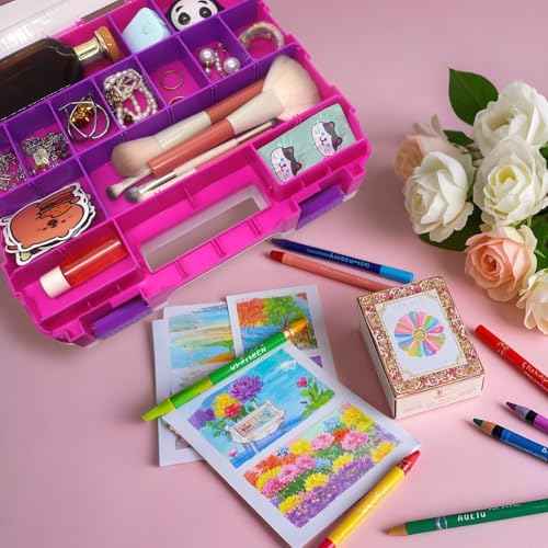 Pink Tools Box, 50-Compartment Double Side Small Parts Storage Box with Removable Plastic Dividers for Hardware, Beads, Hair Accessories and More