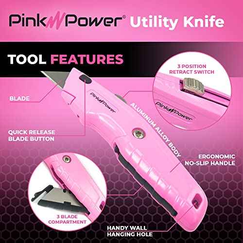 Pink Power Box Cutter Retractable, Pink Utility Knife for Carpet, Cute Box Cutter Knife Heavy Duty with 3 Blades and Storage Compartment - Opener Pocket Utility Tools for Women
