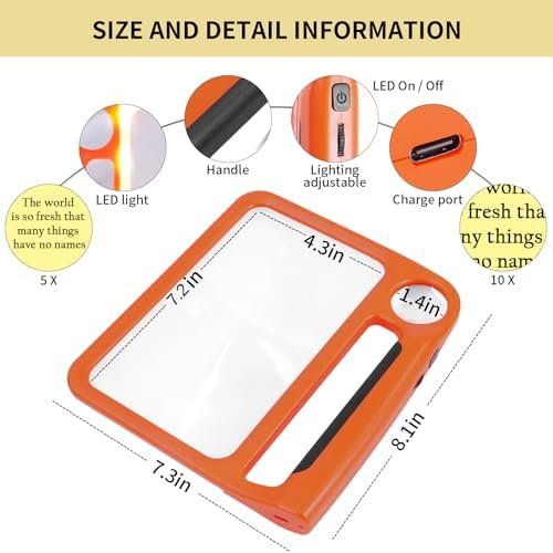 5X 10X Full-Page Magnifying Glass with Light, Rechargeable Handheld Magnifier with 3 Light Modes, 48 Lights, Clean Cloth Ideal Gift for Seniors Reading Books Inspection