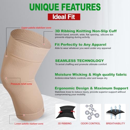 KEKING Orthopedic Brace for Tendinitis, Arthritis, ACL, MCL, Injury Recovery, Meniscus Tear, Knee Pain, Aching Knees, Patellar Tendonitis and Arthritis, Knee Compression Sleeves 2 Pack, Beige XXL