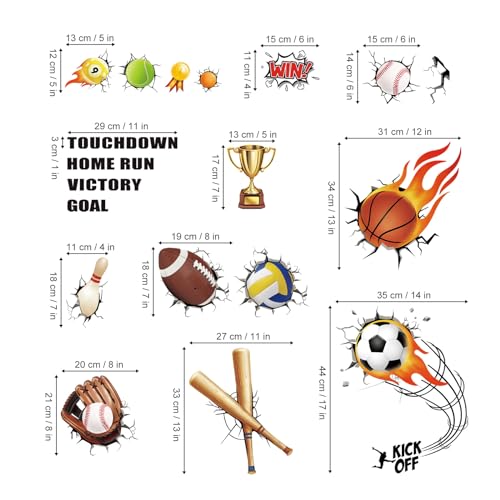 wondever Sport Balls Wall Decals 3D Break Through The Wall Peel and Stick Wall Art Stickers for Boys Playroom Bedroom Classroom