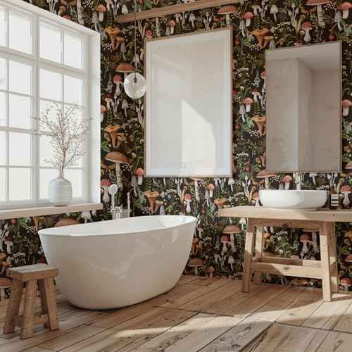 Mushroom Wallpaper Peel and Stick Textured?Boho Contact Paper Removable Vintage Forest Stick on Wallpaper Self Adhesive for Bedroom Bathroom, Black Green Brown White, 17.3 x 79 inch