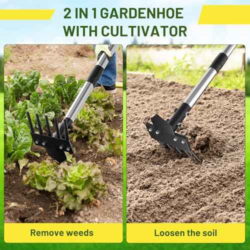 2-in-1 Heavy-Duty Weed Puller Tool with 5-Tine Rake ? 30" to 60" Adjustable Handle, Hoes for Gardening, Hoe Garden Tools for Loosening Soil, Planting, Weeding