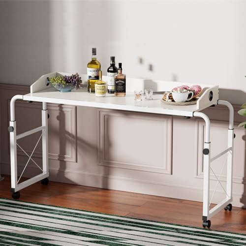 Overbed Table with Wheels, Overbed Desk with Adjustable Length and Height, Rolling Over Bed Desk, King Queen Over The Bed Table on Wheels, Heavy Duty Laptop Table for Hospital and Home (White, 1.2M)
