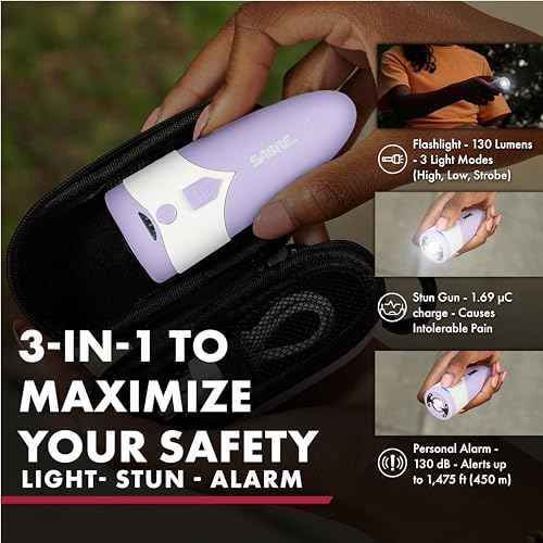 SABRE 3-in-1 Stun Gun with Personal Alarm & LED Flashlight, 1.69 ?C Charge, Loud 130dB Alarm, 130 Lumen LED Light (3 Modes), Rechargeable Battery, Compact-Ergonomic Design, Travel Case & Charging Cord