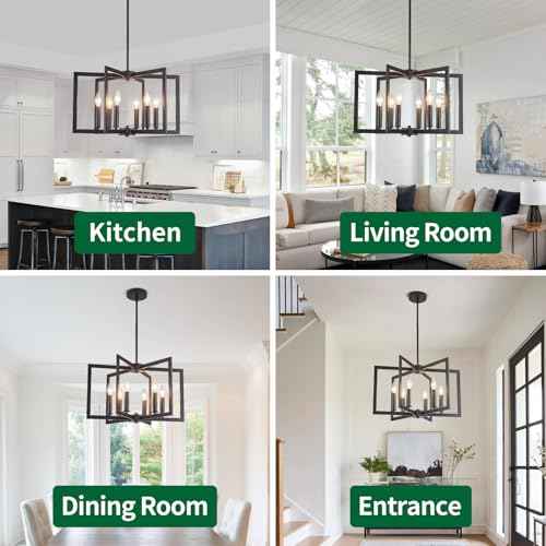 Dining Room Light Fixture, Modern Black Chandelier Farmhouse Metal Pendant Light for Foyer Enteyway Living Room Kitchen Island, 6 Wrought Iron Lights E12 Bulbs, Height Adjustable, 21.2 inch