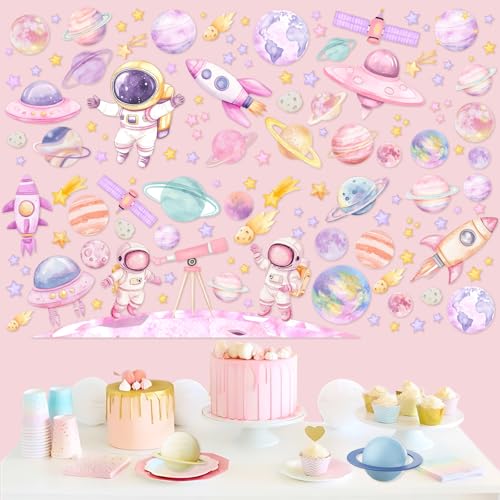 Kreatwow 2pcs Outer Space Wall Stickers for Girl Outer Space Wall Decorations Pink Astronaut Planet Decal Solar System Birthday Decoration Galaxy Rocket Cling Sticker Galaxy Astronaut Party Home Decor