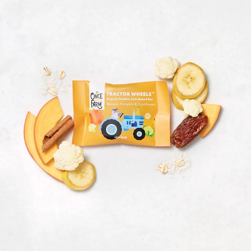 Once Upon a Farm | Organic Toddler Soft-Baked Bar Tractor Wheels Variety Pack | Apple, Strawberry, Banana | Made with Real Fruit & Veggies | No Added Sugar | 30 Bars