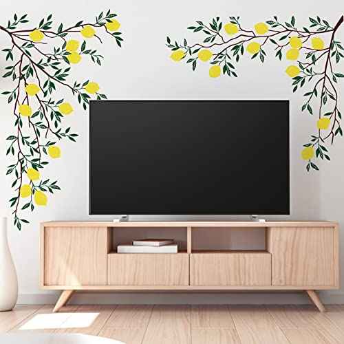 Supzone Lemon Tree Branch Wall Decals Green Leaves Wall Stickers DIY Vinyl Art Stickers for Bedroom Living Room Office Sofa Backdrop TV Decoration